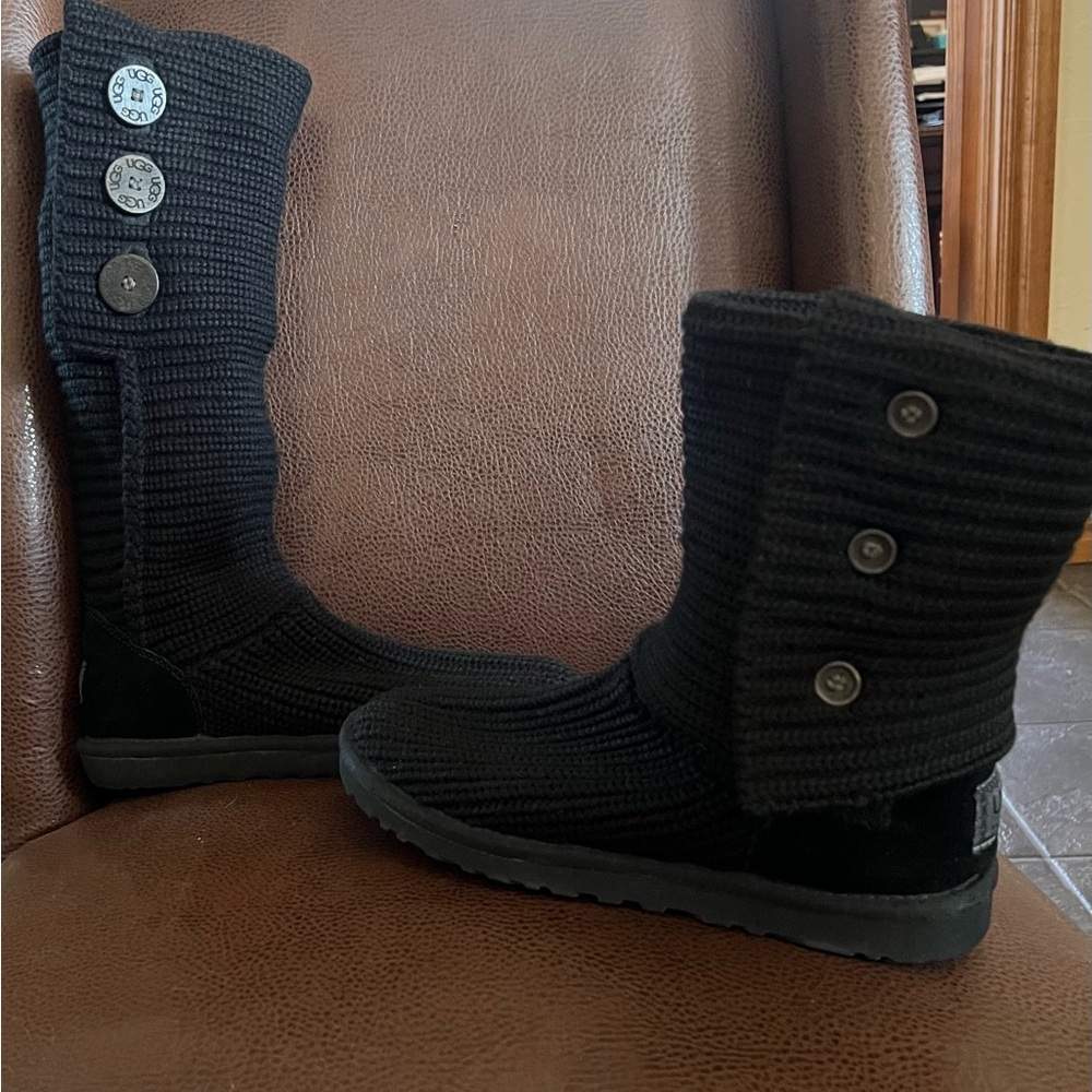 UGG Black Knit Tall Cardy Boots with Button Accents